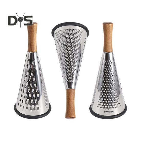 Конусная терка для сыра из нержавеющей стали с деревянной ручкой, 3-сторонняя терка для овощей, сыра, шоколада, овощей, кухонная терка для пармезана