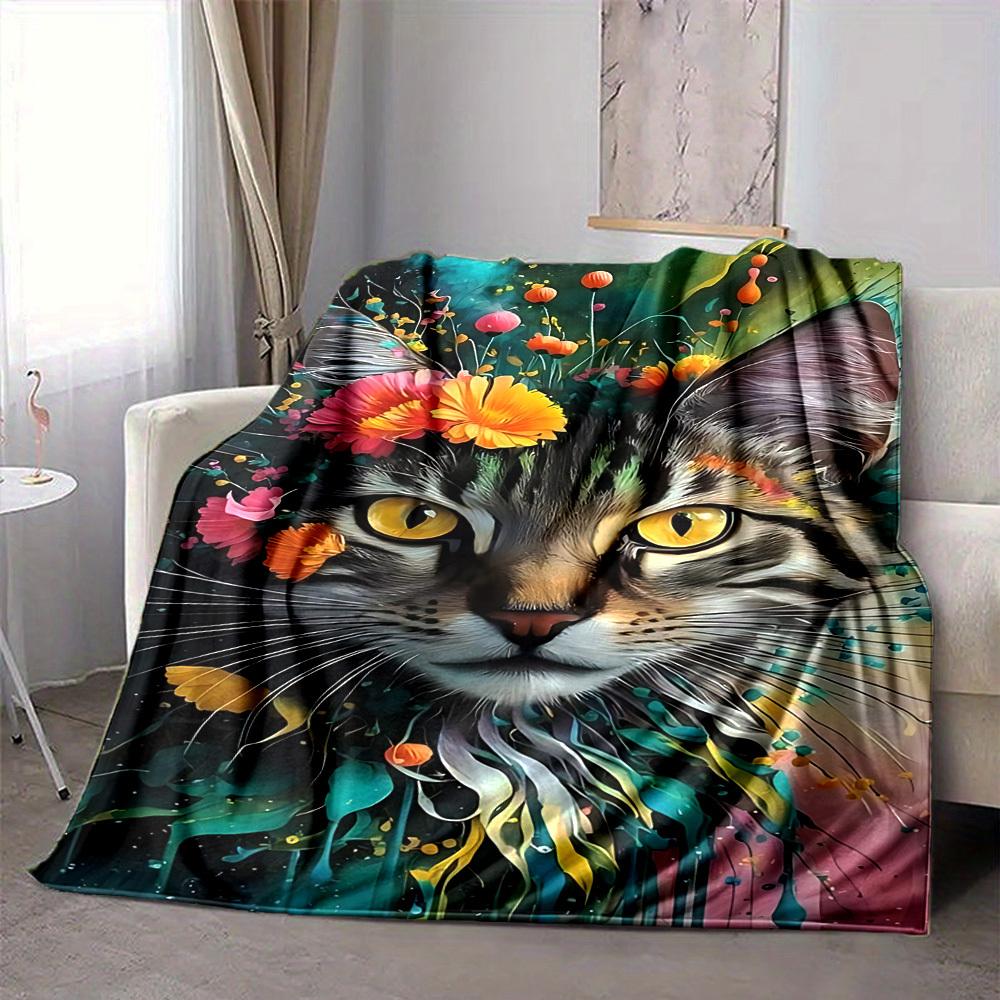 1pc Floral Cat Artwork Blanket Lightweight Blanket Throw Blanket For Sofa, Bed, Travel, Camping, Livingroom, Office, Couch, Chair yy251010083
