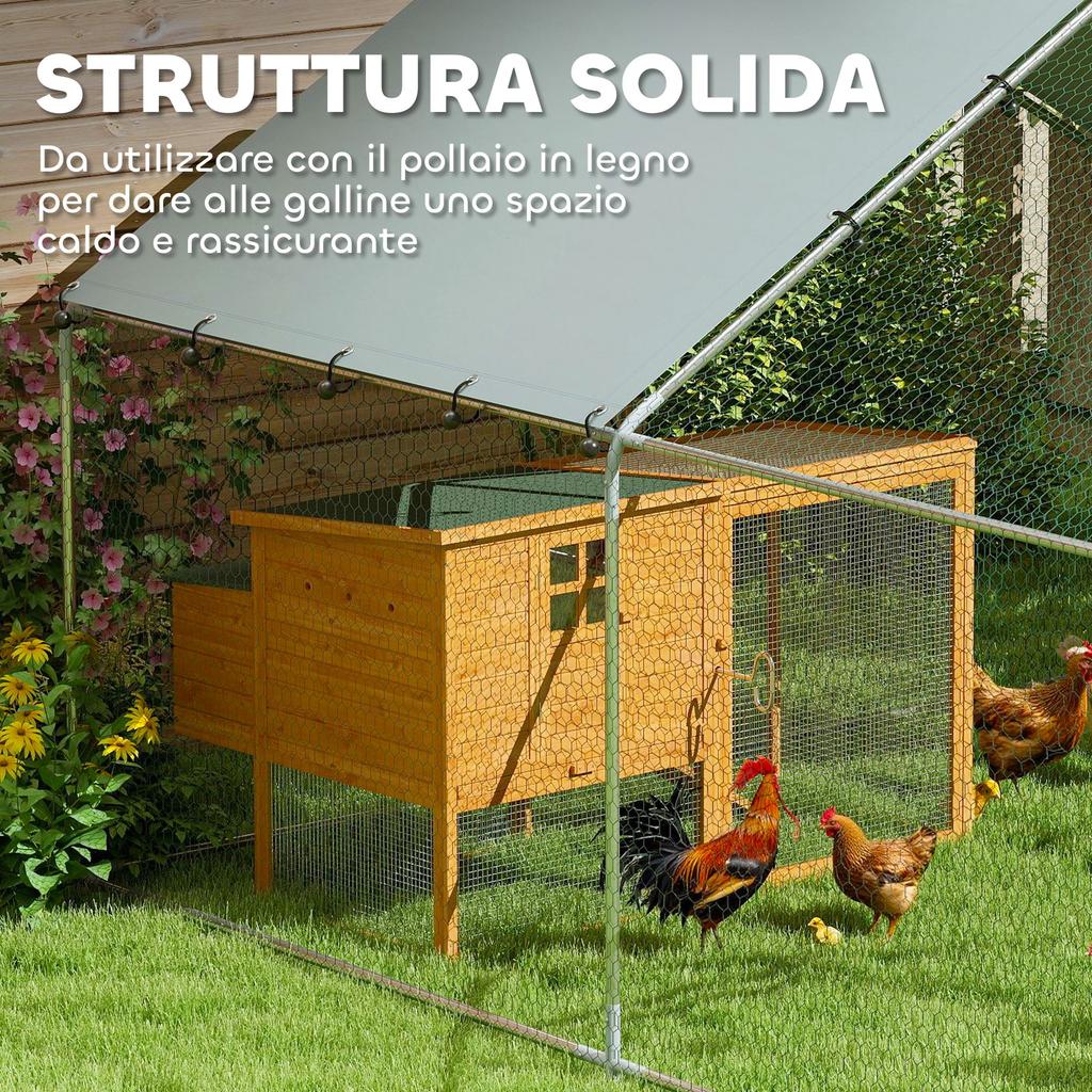 10.2m² Chicken Run for 10-15 Chickens with Waterproof Roof, Steel and Fabric, 3x3.4x1.9 m, Silver