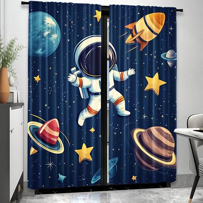 2Pcs Katon Astronaut Planet print curtains,suitable for bedroom,living room kitchen decoration,home decoration,window decoration