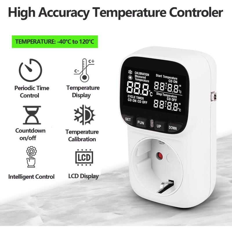 16A 230V Digital Thermostat Outlet, Smart Temperature Controller with External Sensor, LCD Display, Temperature Range -40℃ to 120℃,