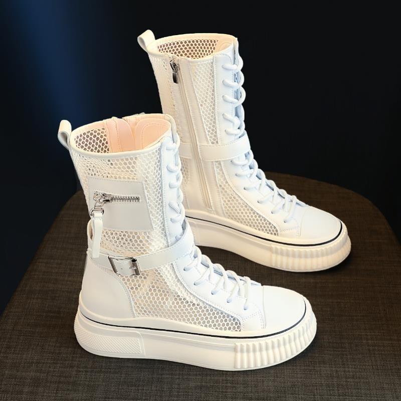 Модные летние ботинки для женщин Модные высокие повседневные ботинки на платформе Дышащие сетчатые ботинки с вырезами для женщин До середины икры Ботинки Кроссовки