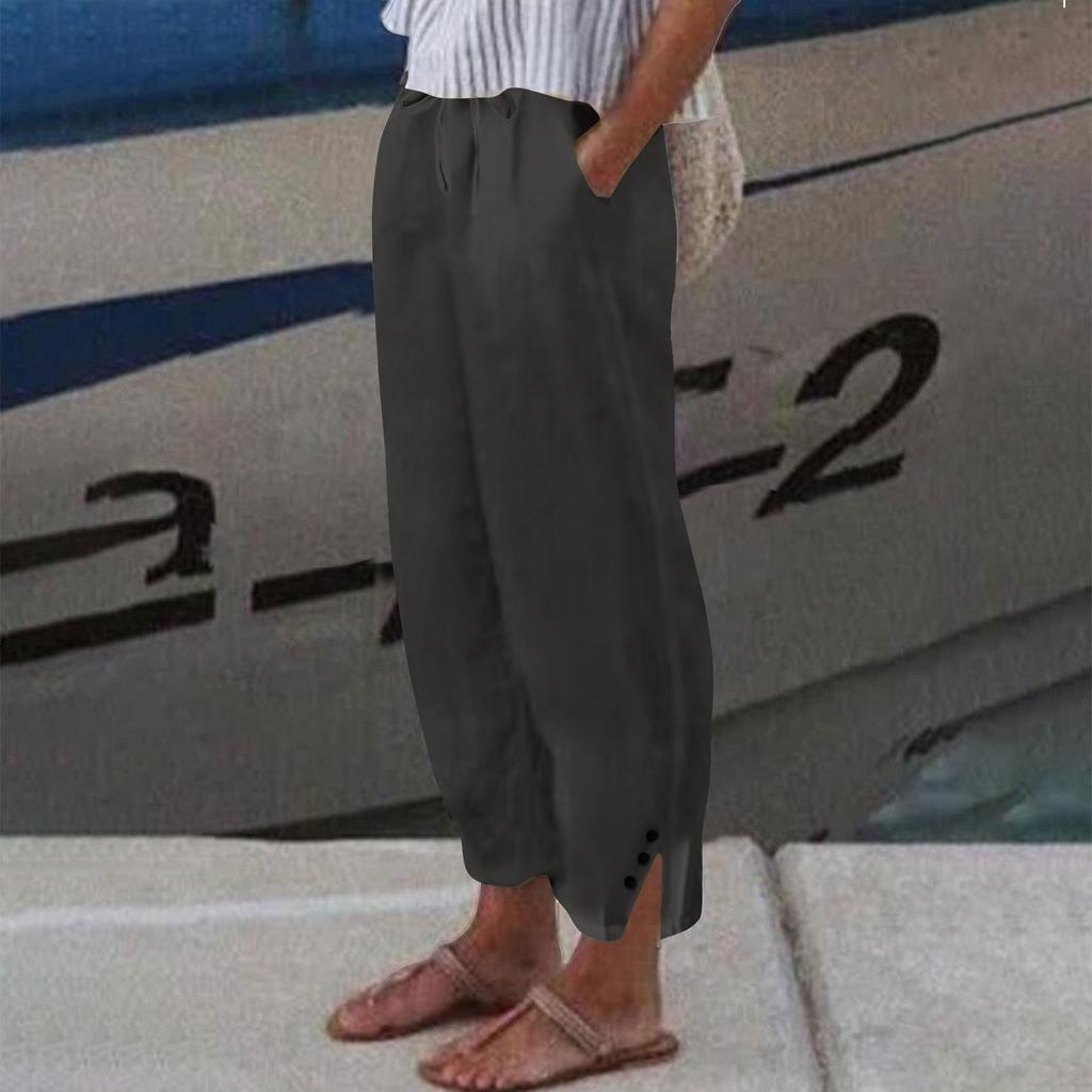 Женские льняные укороченные брюки - повседневные брюки с разрезом на пуговицах