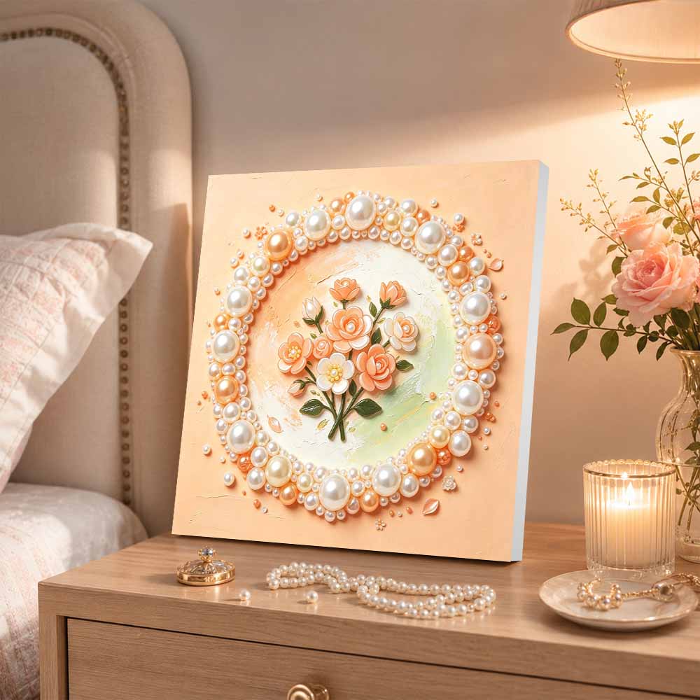 Pearl flower painting kit DIY. peach rose bouquet craft. home or office wall decoration