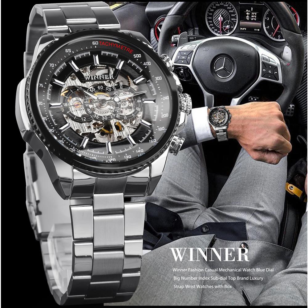 WINNER Лучшие деловые часы полностью автоматические механические часы полые водонепроницаемые мужские светящиеся часы из нержавеющей стали