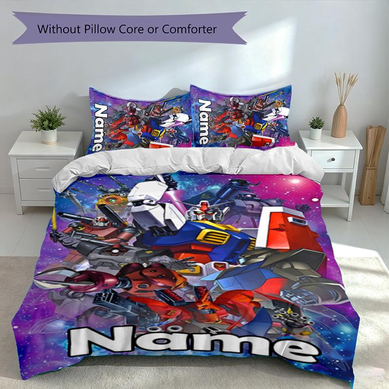3pcs Custom Name Mobile Suit Gundam Set,Includes 1 Duvet Cover and 2 Pillowcases,All-season Bedroom Decor