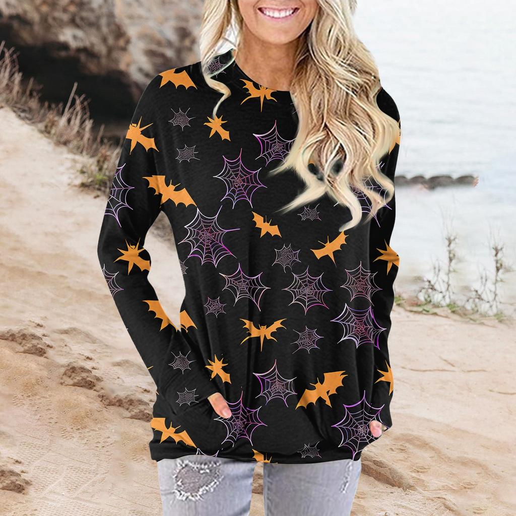 Женская модная повседневная футболка с круглым вырезом и принтом, длинными рукавами и карманами