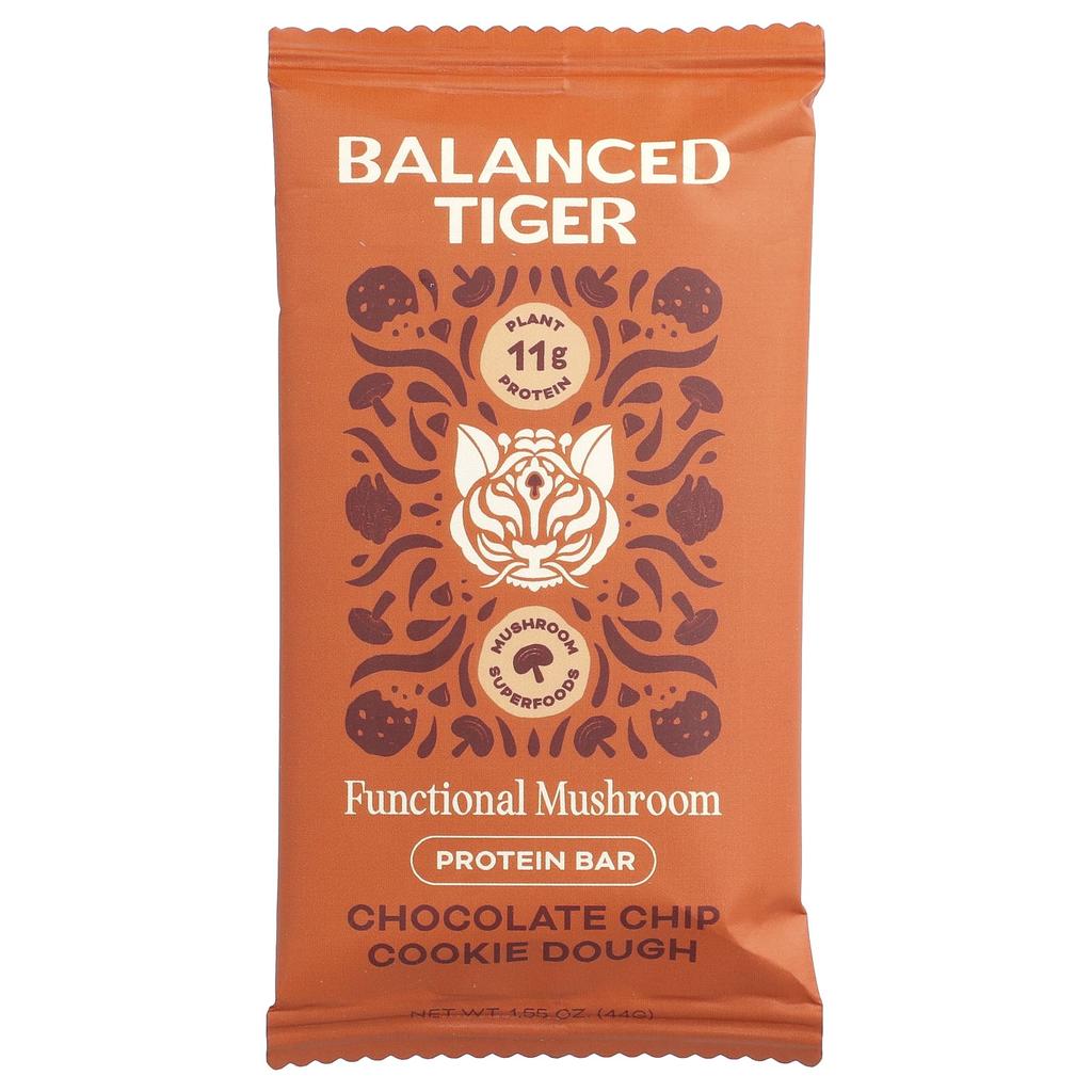 Balanced Tiger Protein Bar, Chocolate Chip Cookie Dough, 12 Bars, 44g (1.55oz) Each