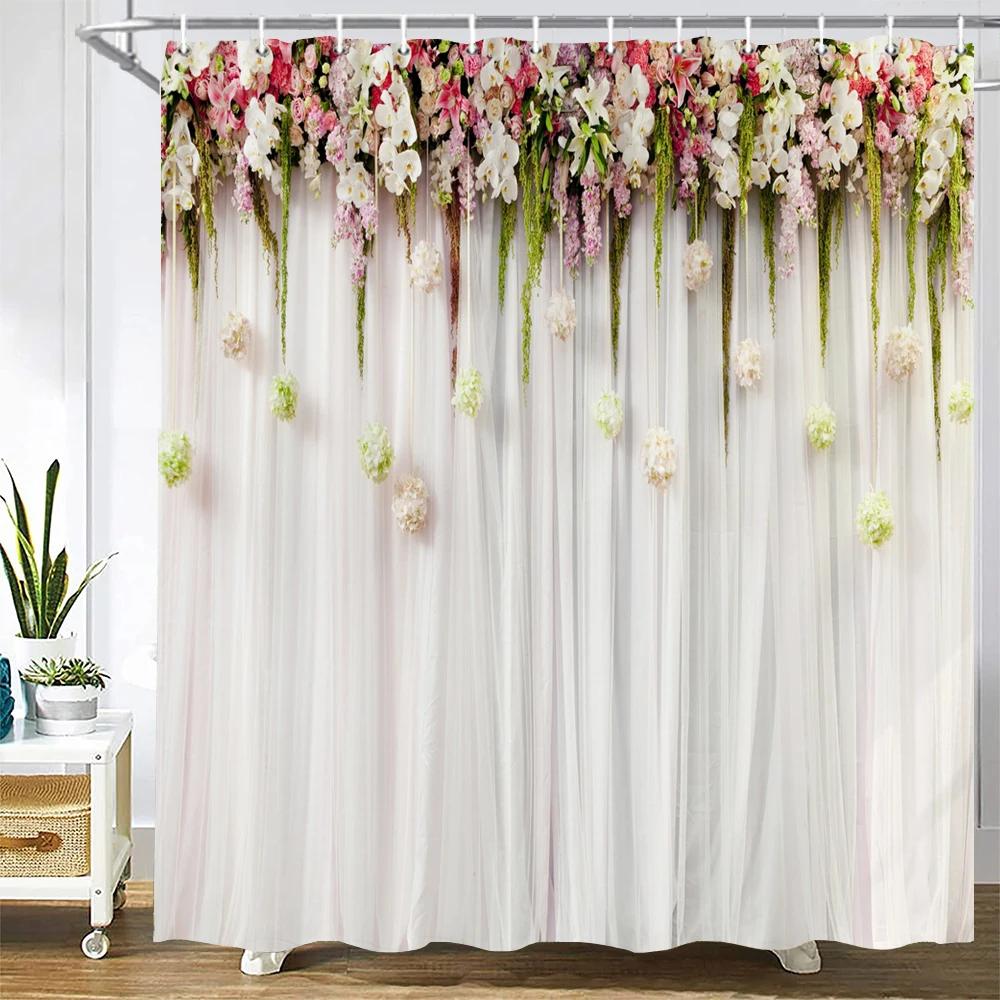 Home Shower Curtains For Bathroom Waterproof Fabric Nordic Style Artificial Flower Wall Pattern Bathroom Curtains Shower Curtain