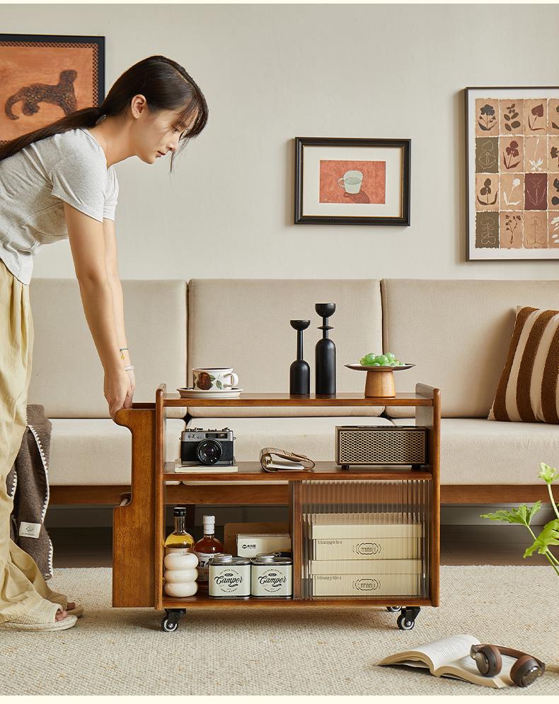 Solid Wood Retro Trolley: Movable Side Table & Snack Cart