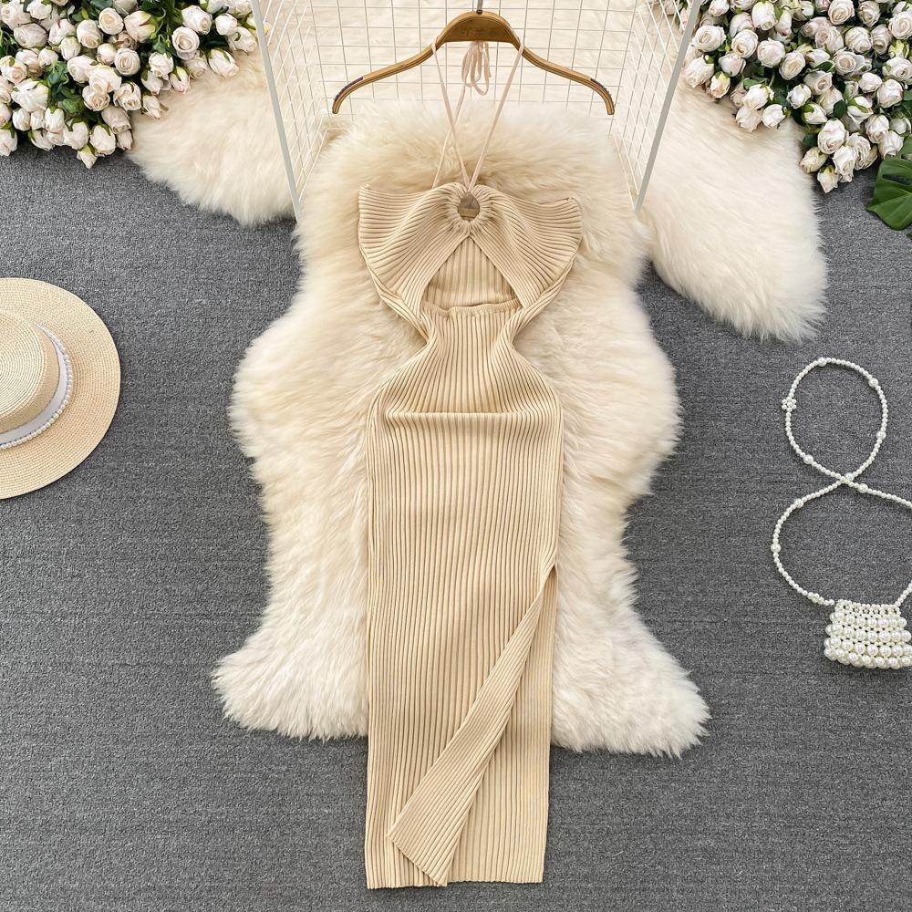 Летнее женское платье Знаменитый темперамент с висячим вырезом и вырезом в обтяжку, с открытой спиной, без рукавов, средней длины, сплит-пакет, вязаное нижнее платье на бедрах