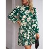 Women Printed Dress with Waistband Long Sleeves Half High Collar Dress Pleated Hem Short Dress