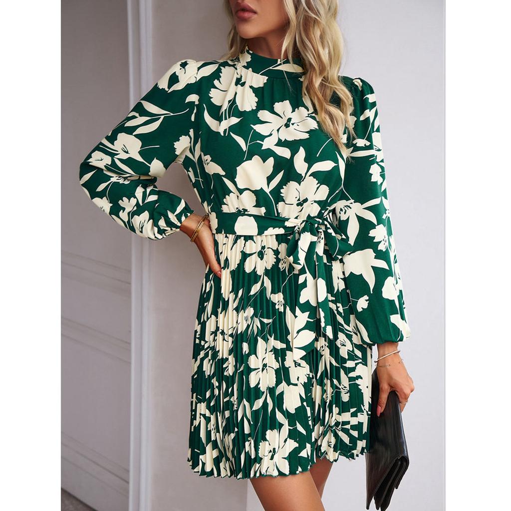 Women Printed Dress with Waistband Long Sleeves Half High Collar Dress Pleated Hem Short Dress