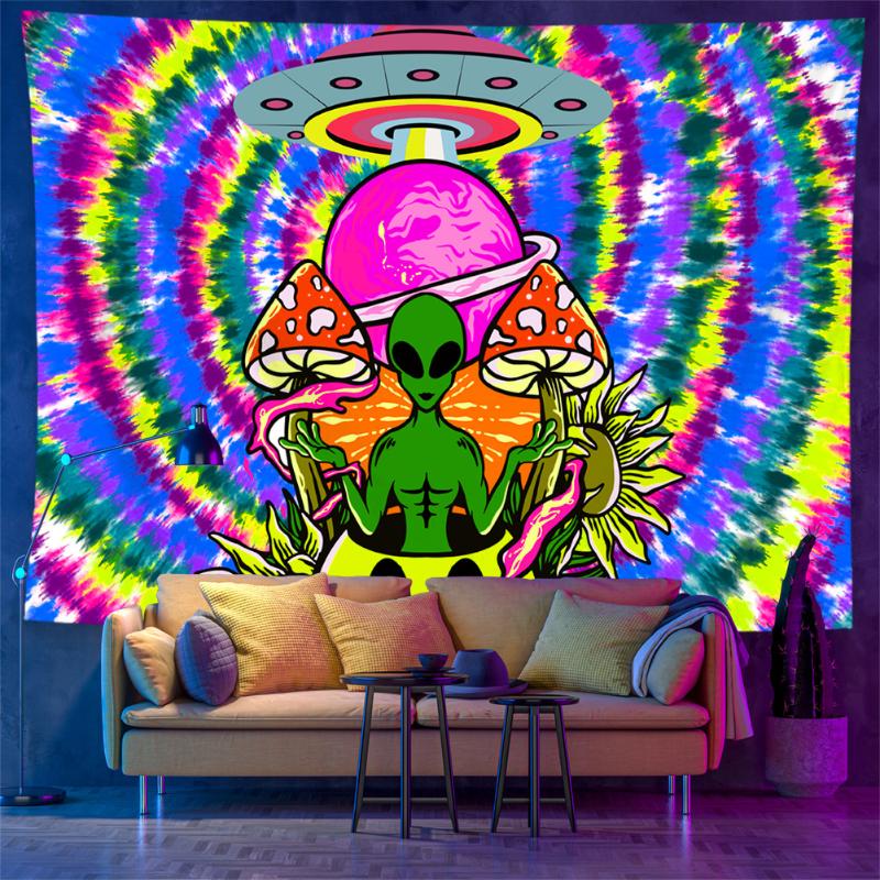 Psychedelic Alien UV Tapestry Mushroom UFO DJ Print Blacklight Wall Hanging Trippy Room Home Decor