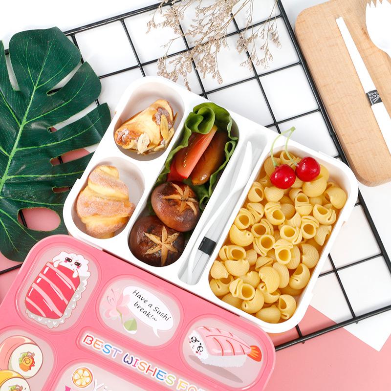 Детский ланч-бокс Bento, 1000 мл, герметичный контейнер для еды с вилкой и палочками для еды, мультяшная наклейка 5/6, сетка для студентов, мальчиков и девочек