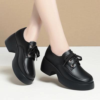 Мода 2024 Элегантные Универсальные Ботинки на шнуровке на толстой подошве из мягкой кожи Женские Новые Ретро Удобные На высоком каблуке Повседневные Одинарные туфли