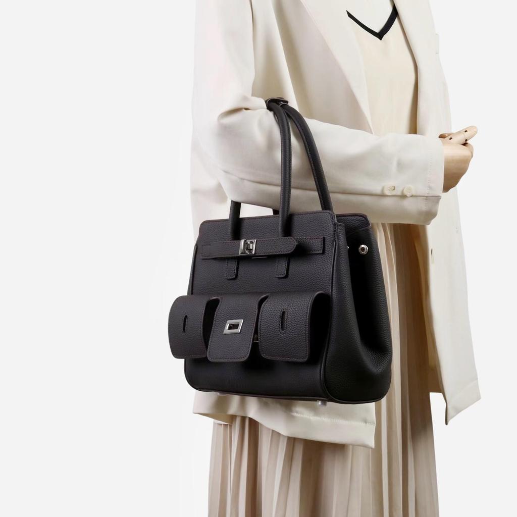 Women's Biker Genuine Leather Multi-Pocket Tote with Dark Square Buckle