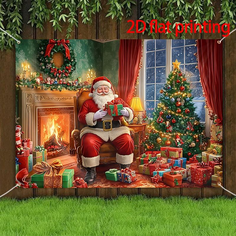 2D flat party banner depicting Santa Claus and a Christmas tree and in a cozy and comfortable roomzyc