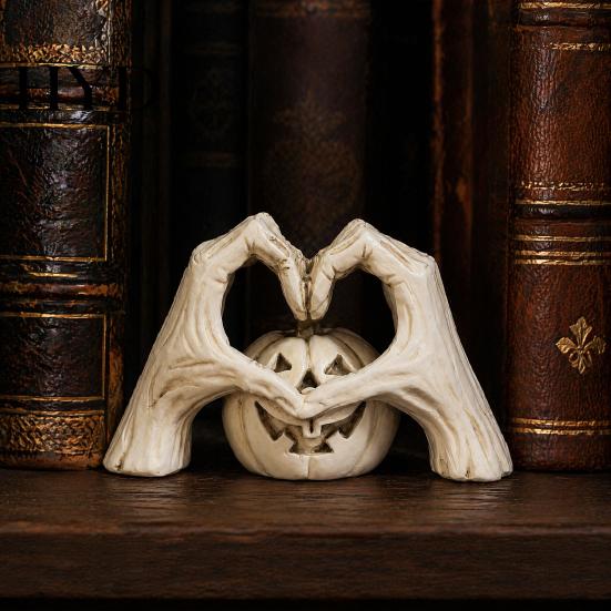 Creative Tricky Desktop Decor Gothic Skeleton Heart Hand Sculpture, Spooky Halloween Resin Abstract Pumpkin Statue, Style Interior Ornament
