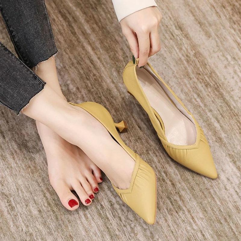 WTEMPO Solid Color High-heeled Shoes Women's Spring and Autumn Thin Heel Pointed Toe Pleated Soft Leather Soft Sole Middle Heel Breathable Shoes