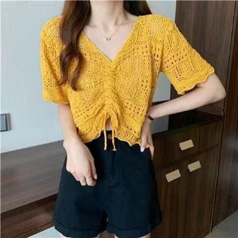 Chic Hollow Drawstring Knitted Sweater Women's Spring and Summer Small Sweet and Spicy Design Sense V-neck Lace-up Short Top