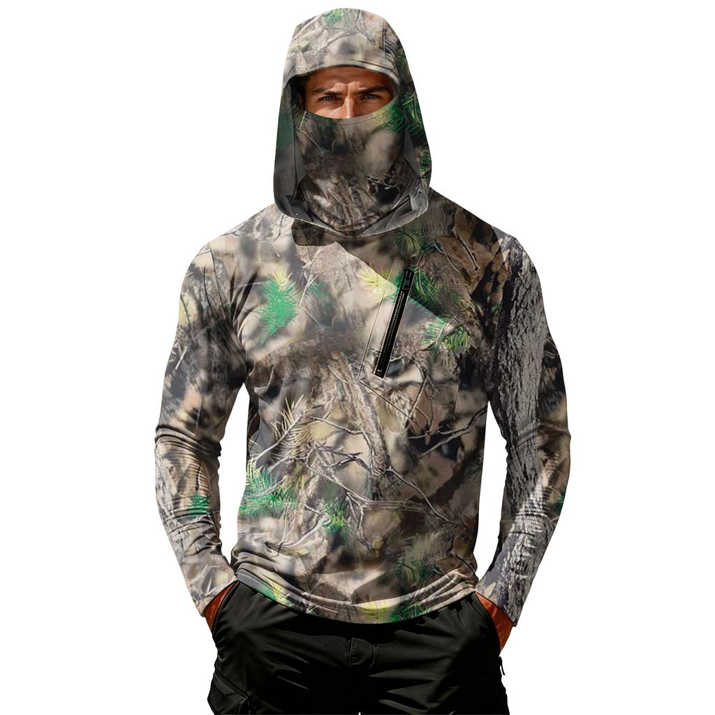 Men’s Casual Hooded Long Sleeve Sun Top with Leaf Camouflage Print and Zippered Chest Pocket for Outdoor Activities