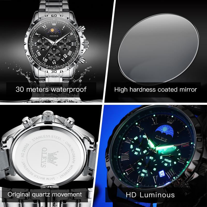 OLEVS 2950 Men's Quartz Wristwatch 24 Hour Moon Phase Chronograph Auto Date Luxury Man Watch Original Waterproof Watches for Man