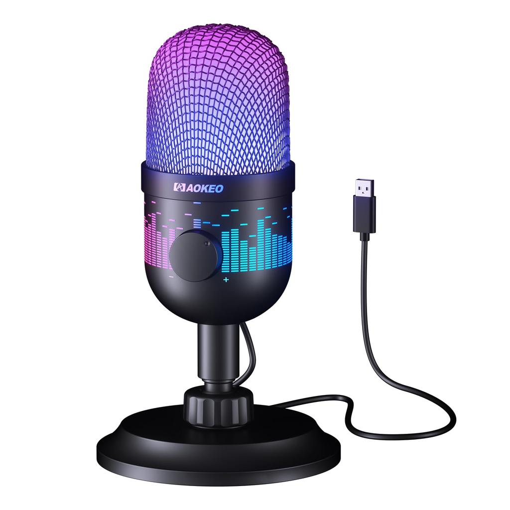 Игровой USB-конденсаторный микрофон Aokeo, подходящий для записи и стриминга, со светодиодной подсветкой, для ПК, Mac, PS4/5, подкастов, YouTube,