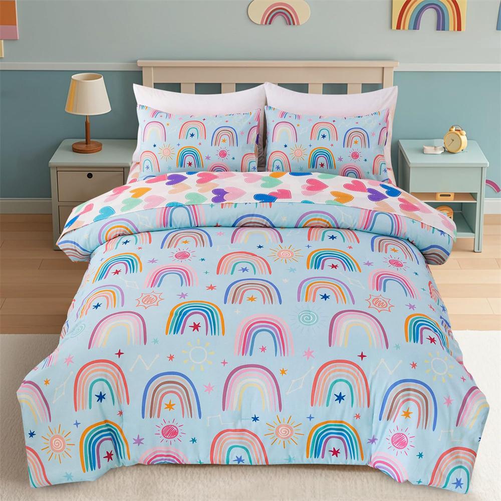 Rainbow Single Duvet Cover with Pillowcase, Girls Single Duvet Cover Bedding Single Bed Childrens Duvet Covers Kids Bedding Sets