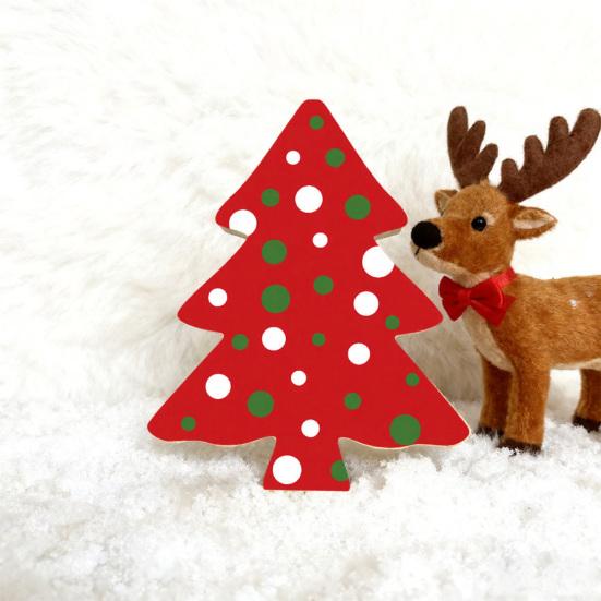 Grid Pattern Tree Decor Christmas Wooden Tabletop Decor, Plaid Polka Dots Xmas Wood Signs, Red Traditional Festive Ornaments Black Green Desktop