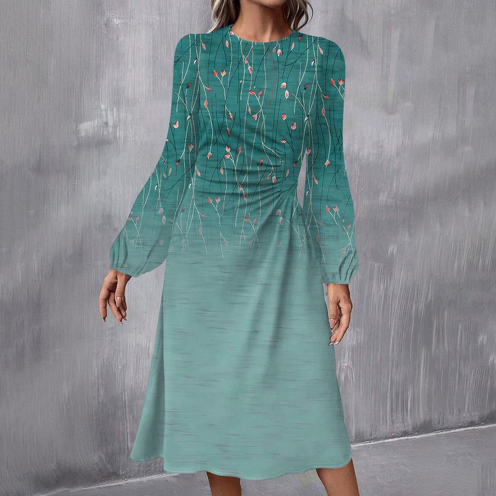 Женское модное повседневное платье миди с круглым вырезом и длинными рукавами