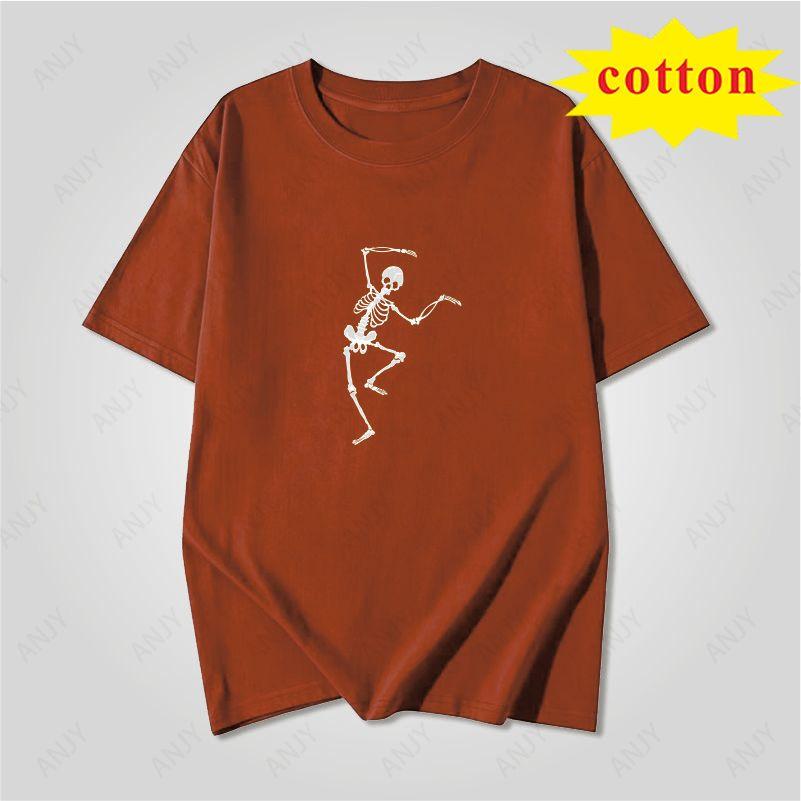 American Retro Skateboard Short Sleeved Female Skeleton Skeleton Playing Skateboard Print Loose Short Sleeved Tshirt