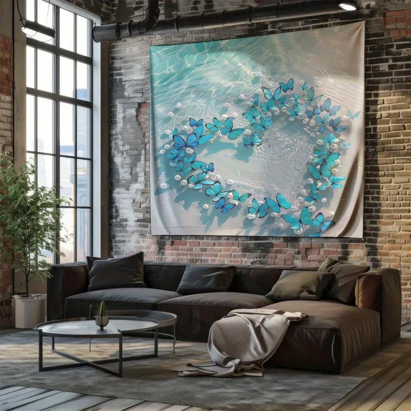 Blue Butterfly Dance HeartShaped Tapestry Romantic and Cozy Bedroom Decor Wall Hanging Cloth