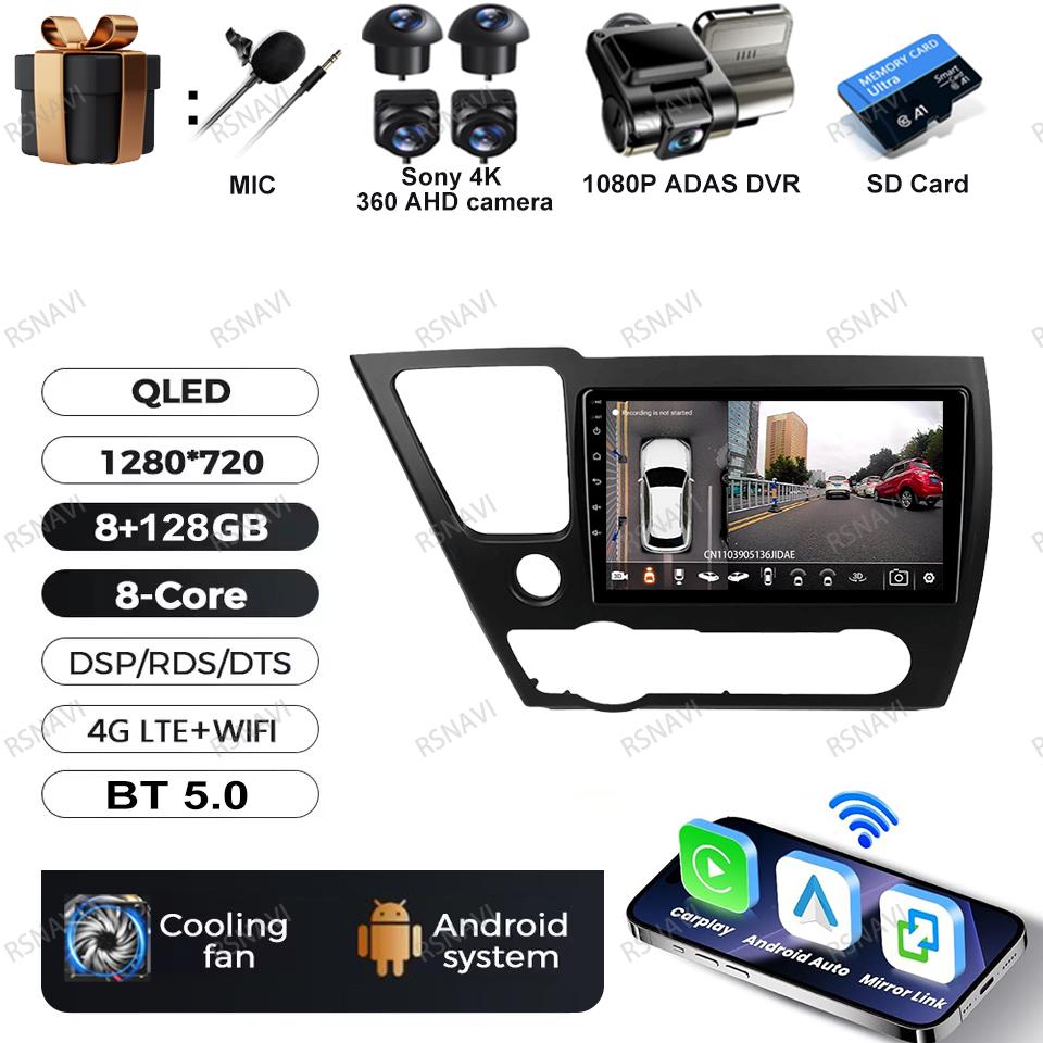 Car Radio Android 16 For Honda Civic 9 2013 2014 2015 2016 Head Unit QLED Qualcomm Video Player GPS Stereo Wireless Carplay Auto