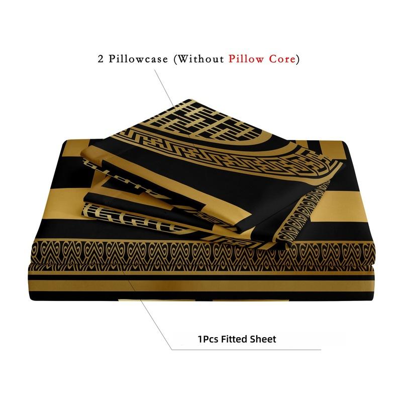 3 Pieces Elegant Luxury Black Gold Greek Key Geometric Fitted Sheet Set, Classic Vintage Circular Square Pattern Bedding