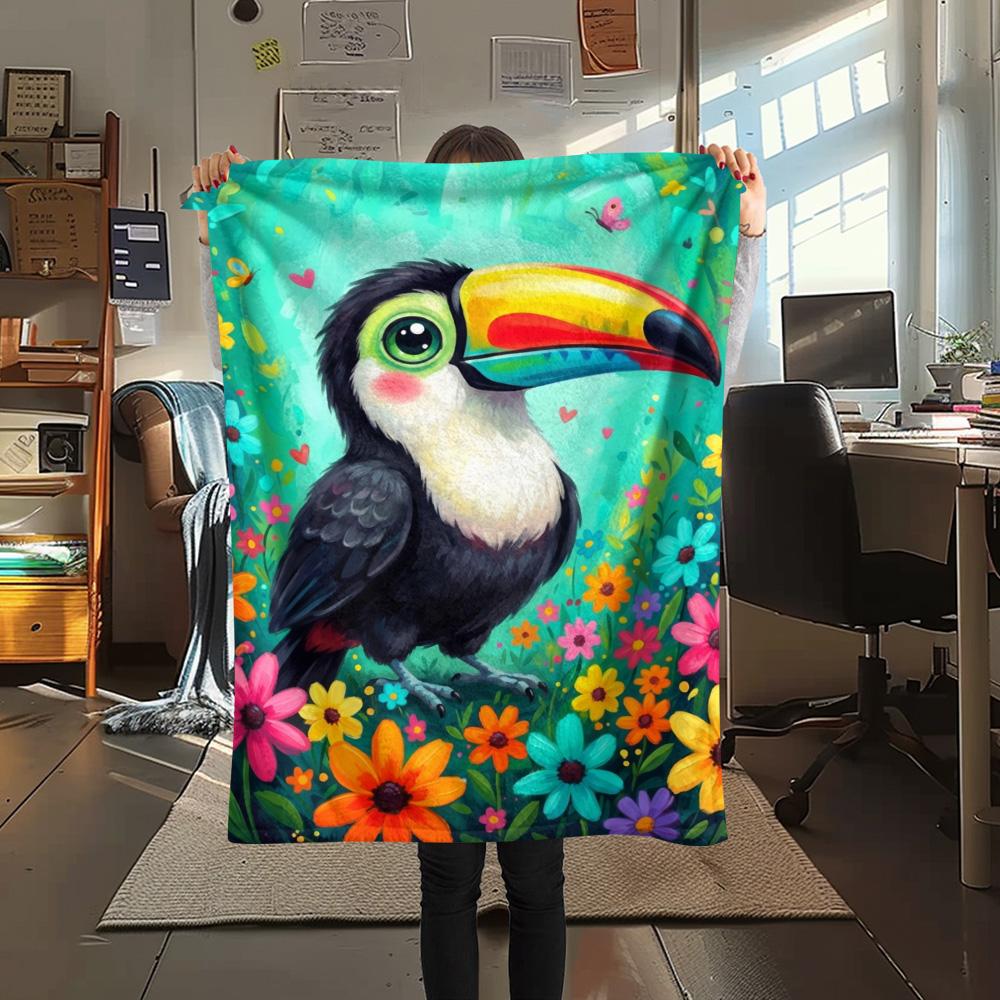1PC Cute Toucan Art Print FlAannel Blanket, High quality Comfortable for All Seasons, Home Decor, Warmth and Comfort