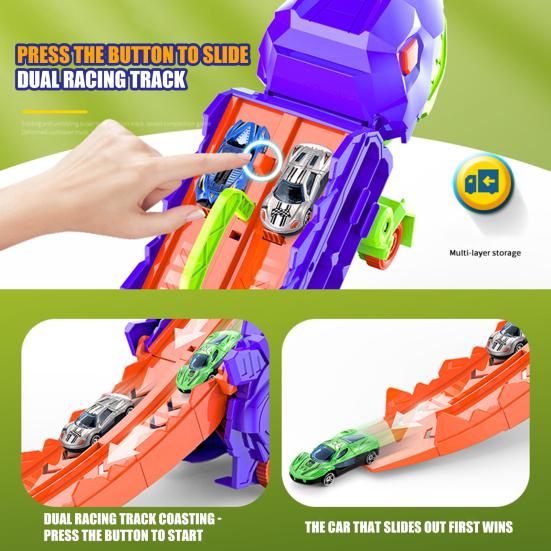 1 Set Dinosaur Swallow Truck Toy with Small Alloy Car Foldable Track Portable Handle Inertial Drive Dinosaur Container Carrier Vehicle Toy Boys Girls