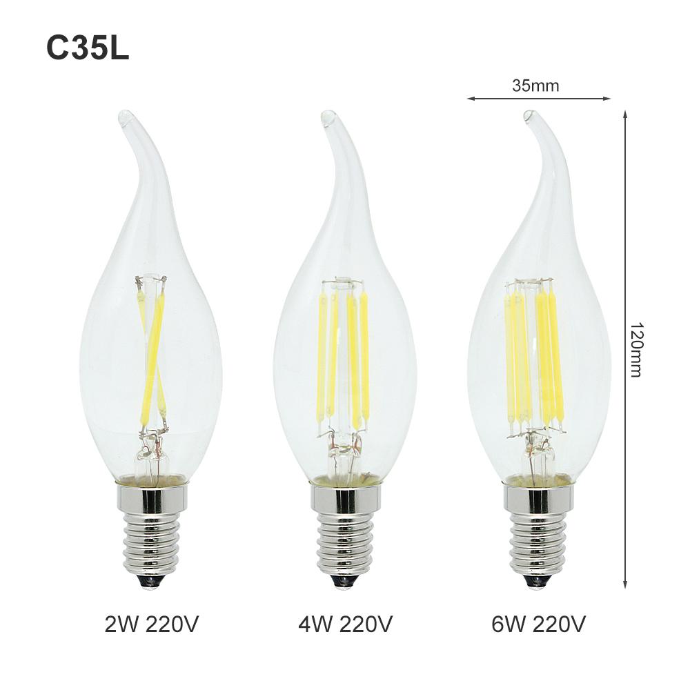 1pcs E14 LED Filament Lamp C35L Type Glass Candle Bulb 220V 2W 4W 6W Replace 20W 40W Halogen Light Chandeliers