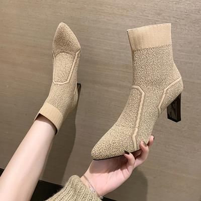 Женские ботильоны с острым носком, простые шерстяные, на среднем каблуке, вязаные, эластичные, носки, зимние, теплые, повседневные, модные, короткие ботинки 2024 года