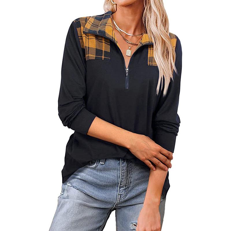 Европейская и американская женская осенне-зимняя новая повседневная модная футболка в клетку с v-образным вырезом и молнией с лацканами и длинными рукавами