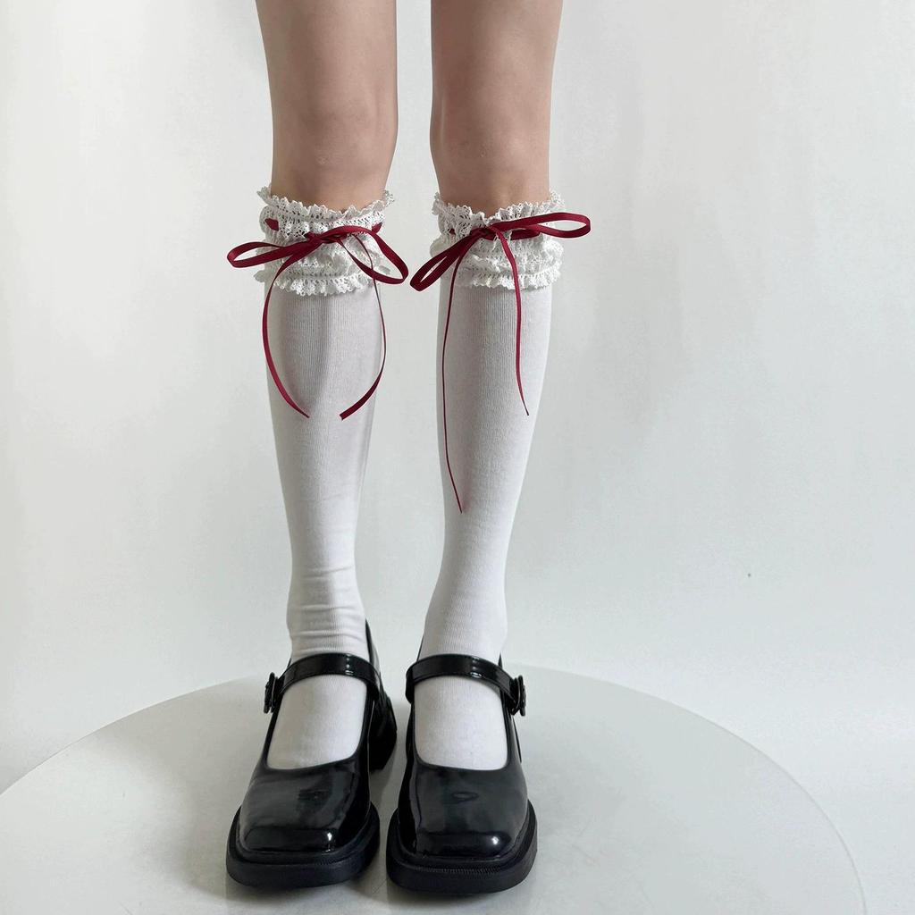Pure Cotton Lolita Wide Lace Ribbon Bow Socks - Spring Mid-Calf Sweet Desire Style