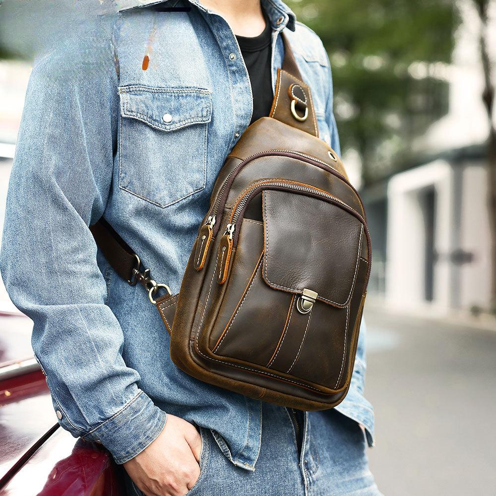 Мужская нагрудная сумка Crazy Horse из натуральной кожи, многофункциональная сумка для отдыха на груди из коровьей кожи, большая вместимость