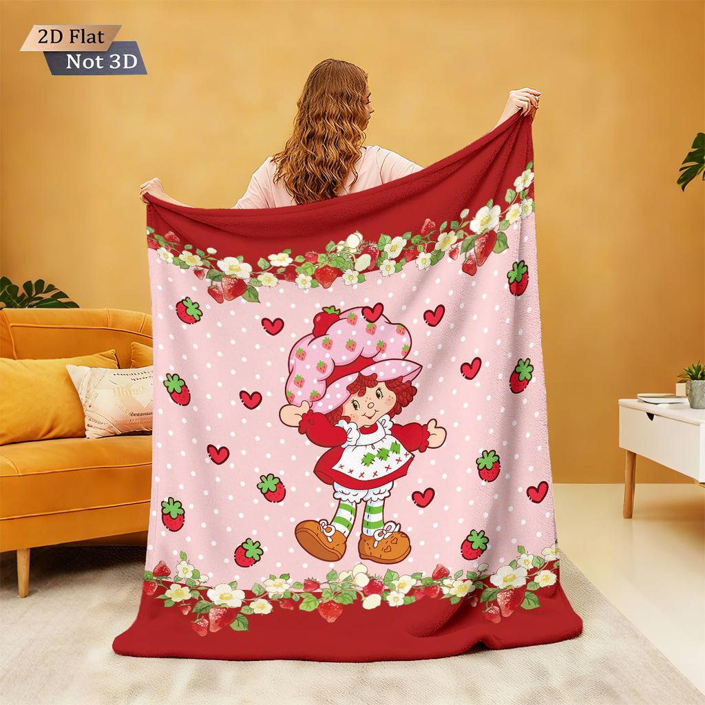 1pc Cartoon Pink Strawberry Girl Printed Flannel Blanket In Multiple Sizes Soft And Comfortable Casual Blanket, Machine Washable