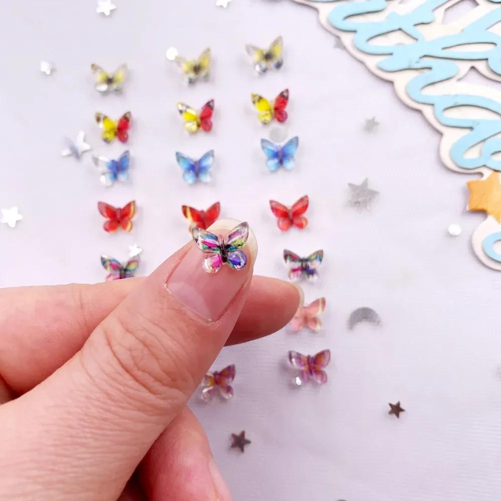 50PCS Resin Glitter Mini Colorful Ice Crystal Printed Butterfly Nail Art Flat Back Rhinestones Scrapbooks DIY Crafts Accessories