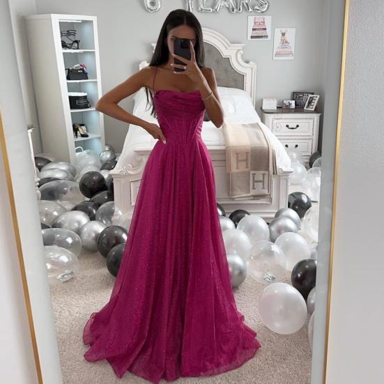 Bridal Wedding Dress Prom Party Evening Dress Backless Spaghetti Strap Sequin Sleeveless A-line Floor Length Ball Gown Pleated Low-cut Cocktail Dress