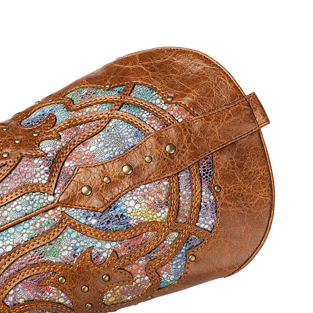 Cowboy Retro Western Boots Women's Hollow Out Mid Calf Boots Cowgirls Handmade Sewing Rivets Decor Heels Shoes