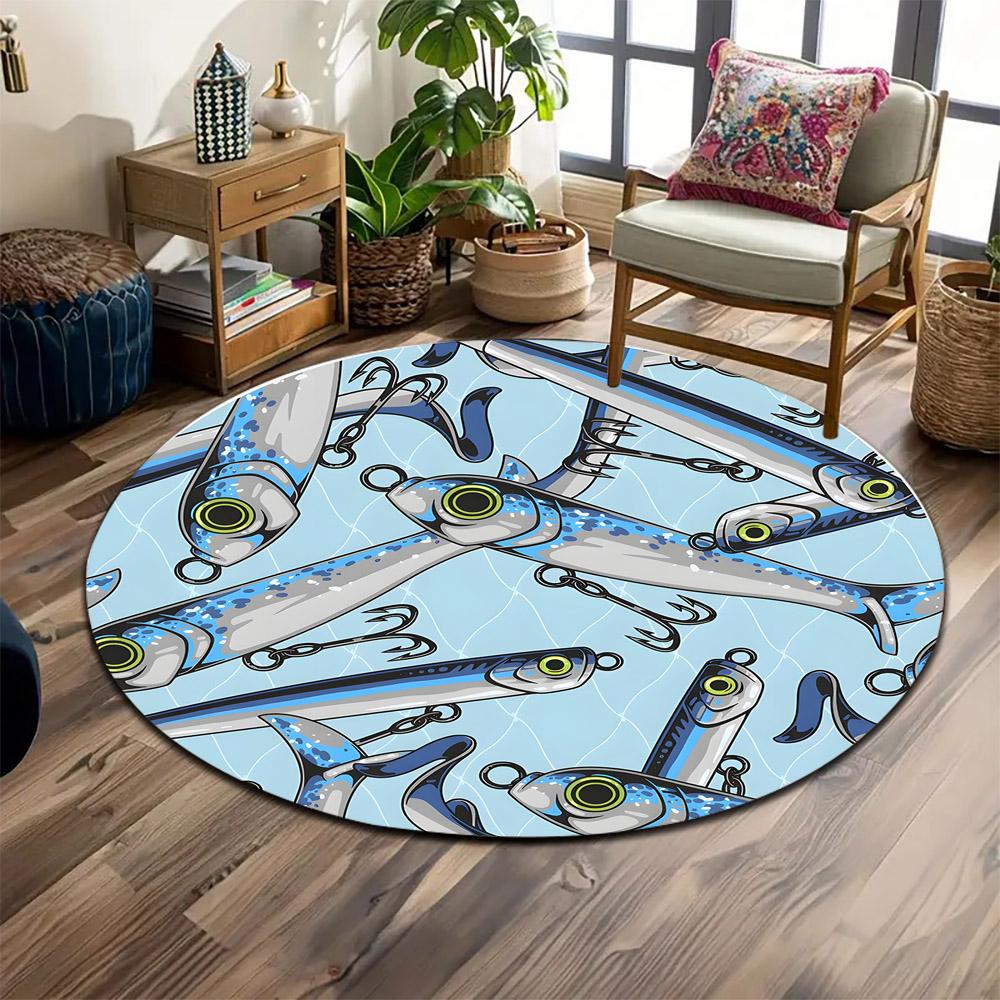 Fishing Lures Pattern with Blue Background Print round rug, living room, bedroom, playroom carpet, non slip floor mat, gift