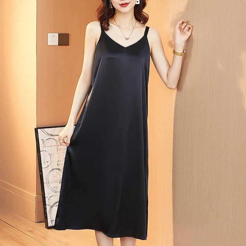 Sexy Women Satin Dress Summer  Strap Sleeveless Silk Dress Women Loose Long Dress Oversized Casual Dresses Robe Femme 14306