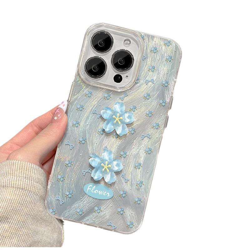 Подходит для Apple 14 Чехол для мобильного телефона Iphone15 Blue Floral Doll 13pro Feather Yarn Laser 11 Полный пакет Fresh X