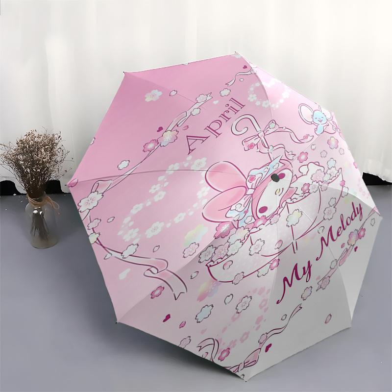 My Melody,April Automatic Folding Umbrella Simple 8 Rib Design, Bright Cartoon Pattern, Durable Iron Frame, Suitable For Travel, Outdoor, Be